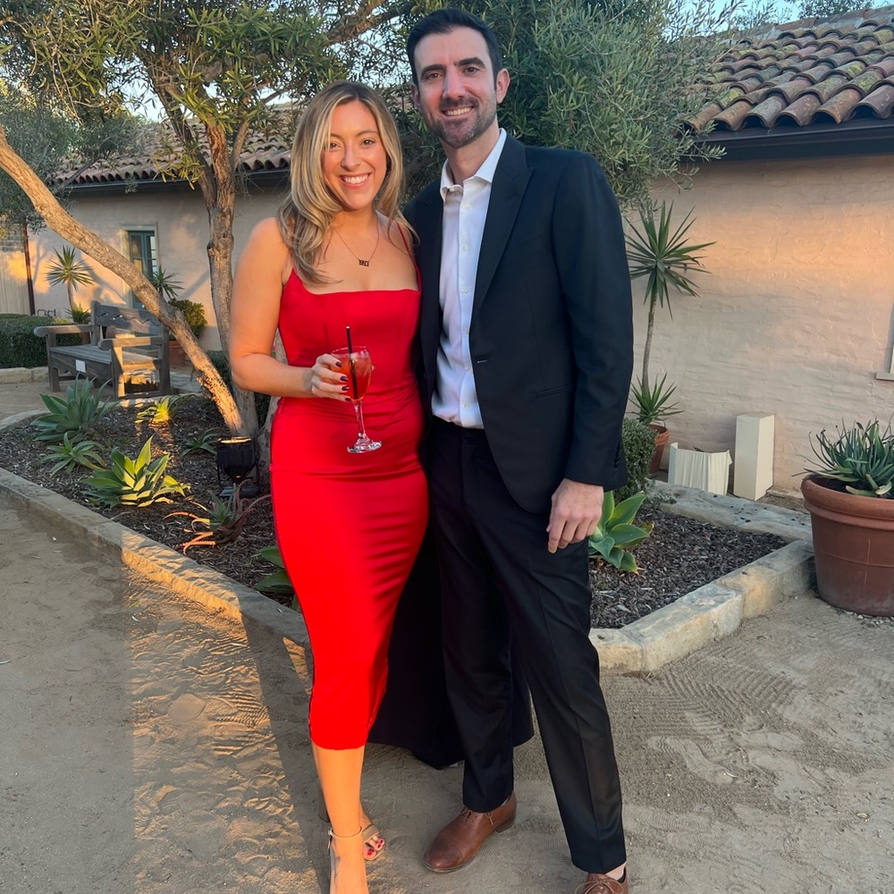 House of CB Red Anais Satin Midi Dress
